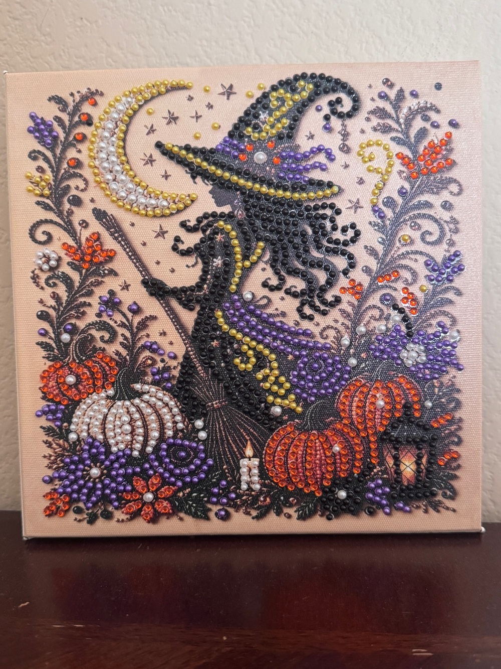 Halloween Witch Beaded Canvas Wall Art - Black & Orange